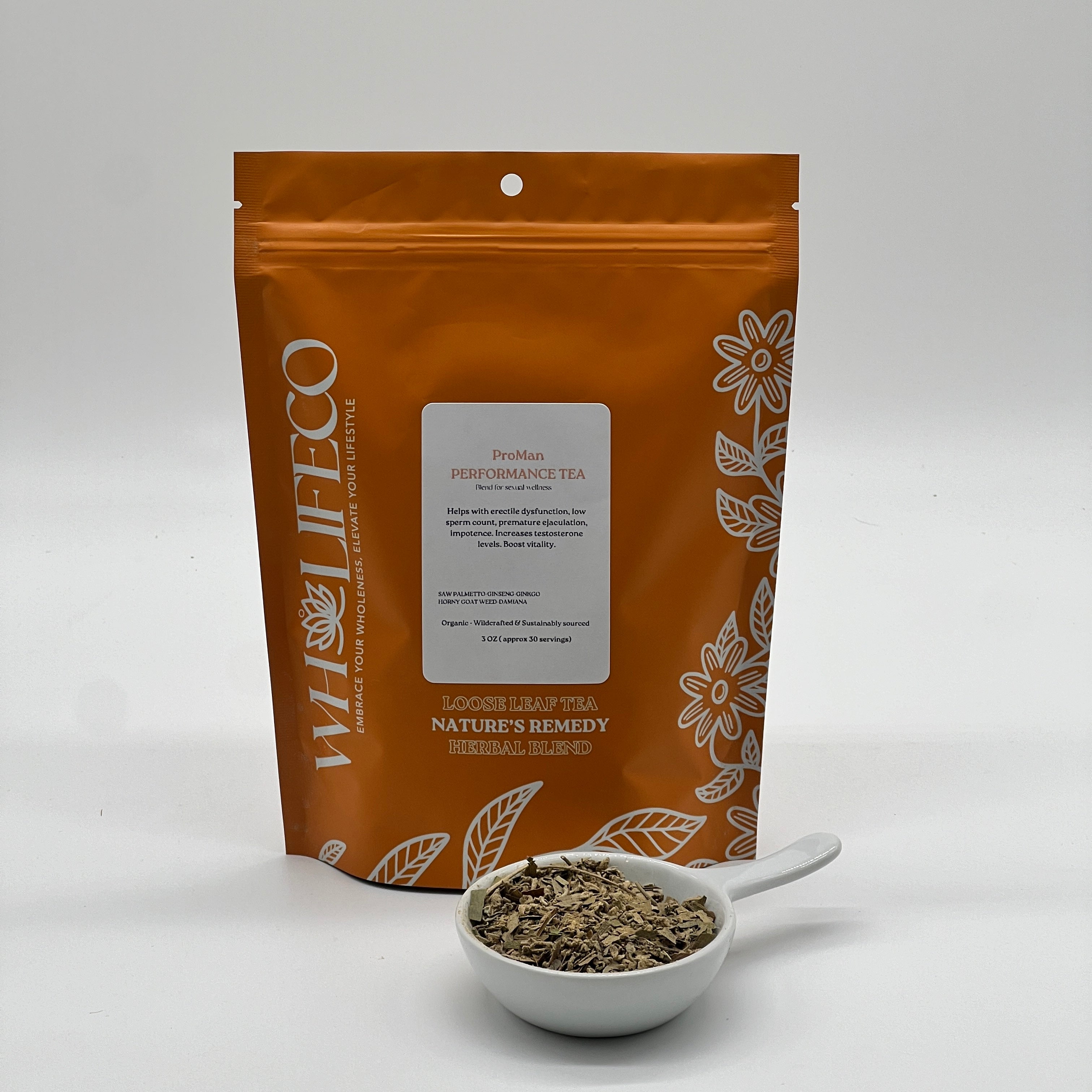 ProMan Performance Tea package with herbal blend for male health in an orange pouch next to a bowl of loose tea.