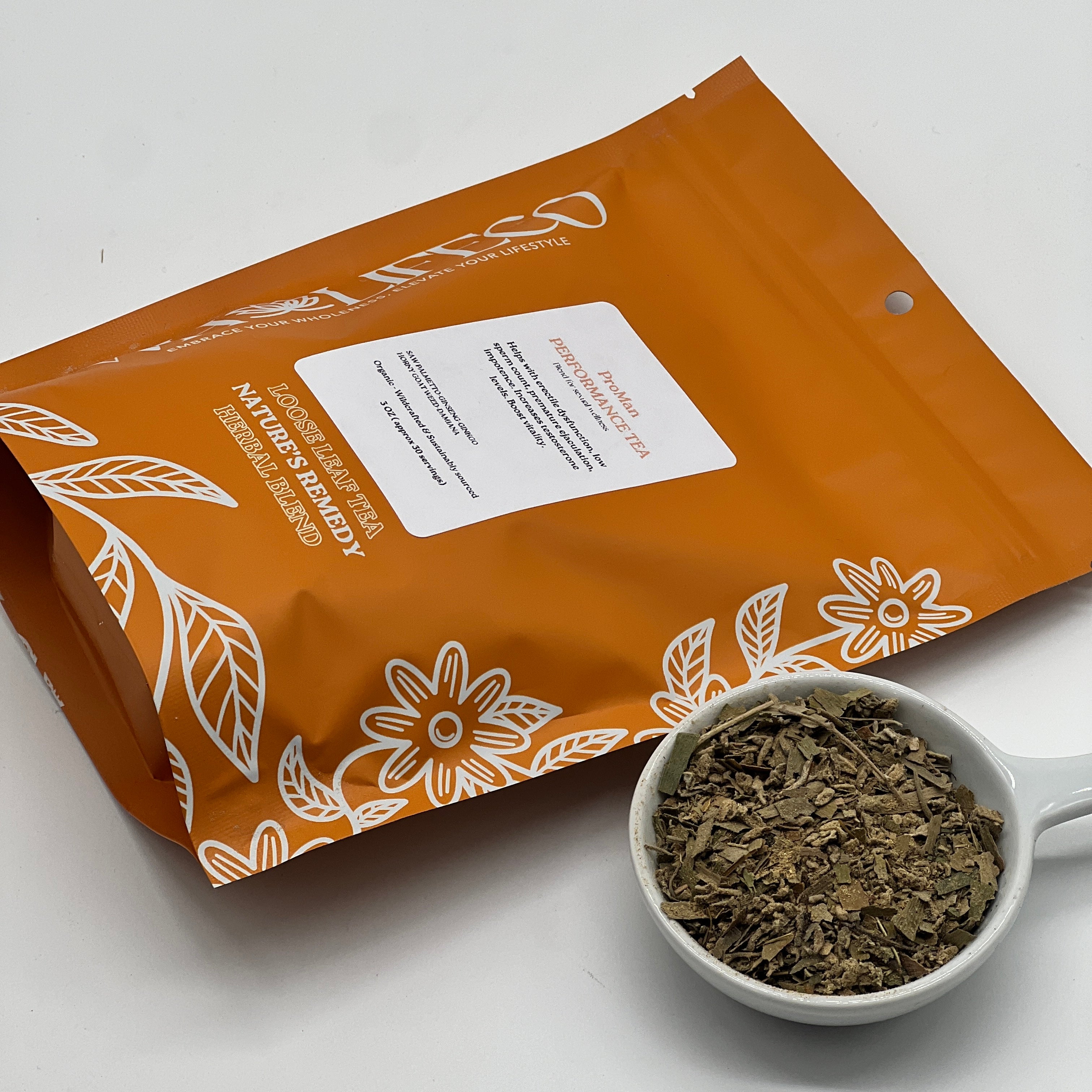 ProMan Performance Tea packaging with loose herbal blend in a bowl, designed for men's health and vitality.