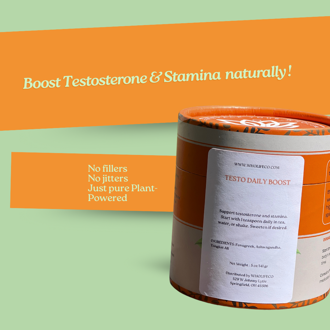Wholifeco Testo Daily Boost' with promotional text on a green and orange background