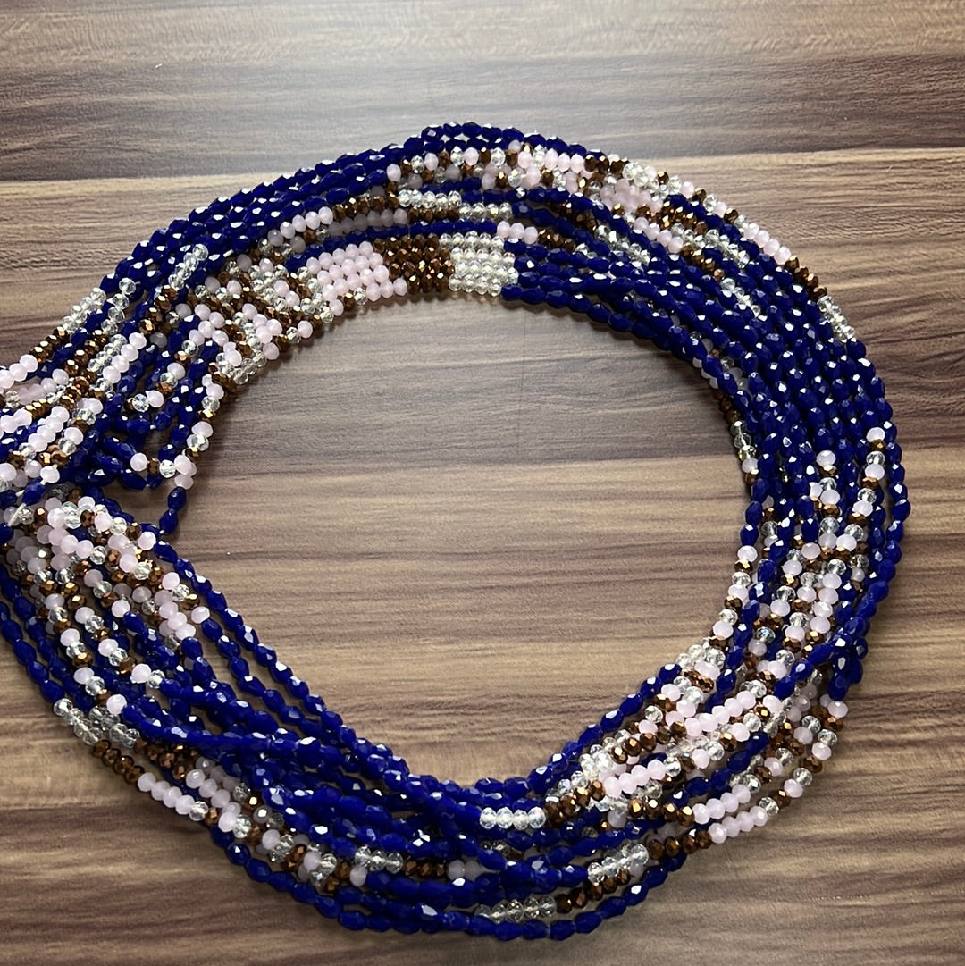 Rose quartz Crystal waist beads with blue & clear beads