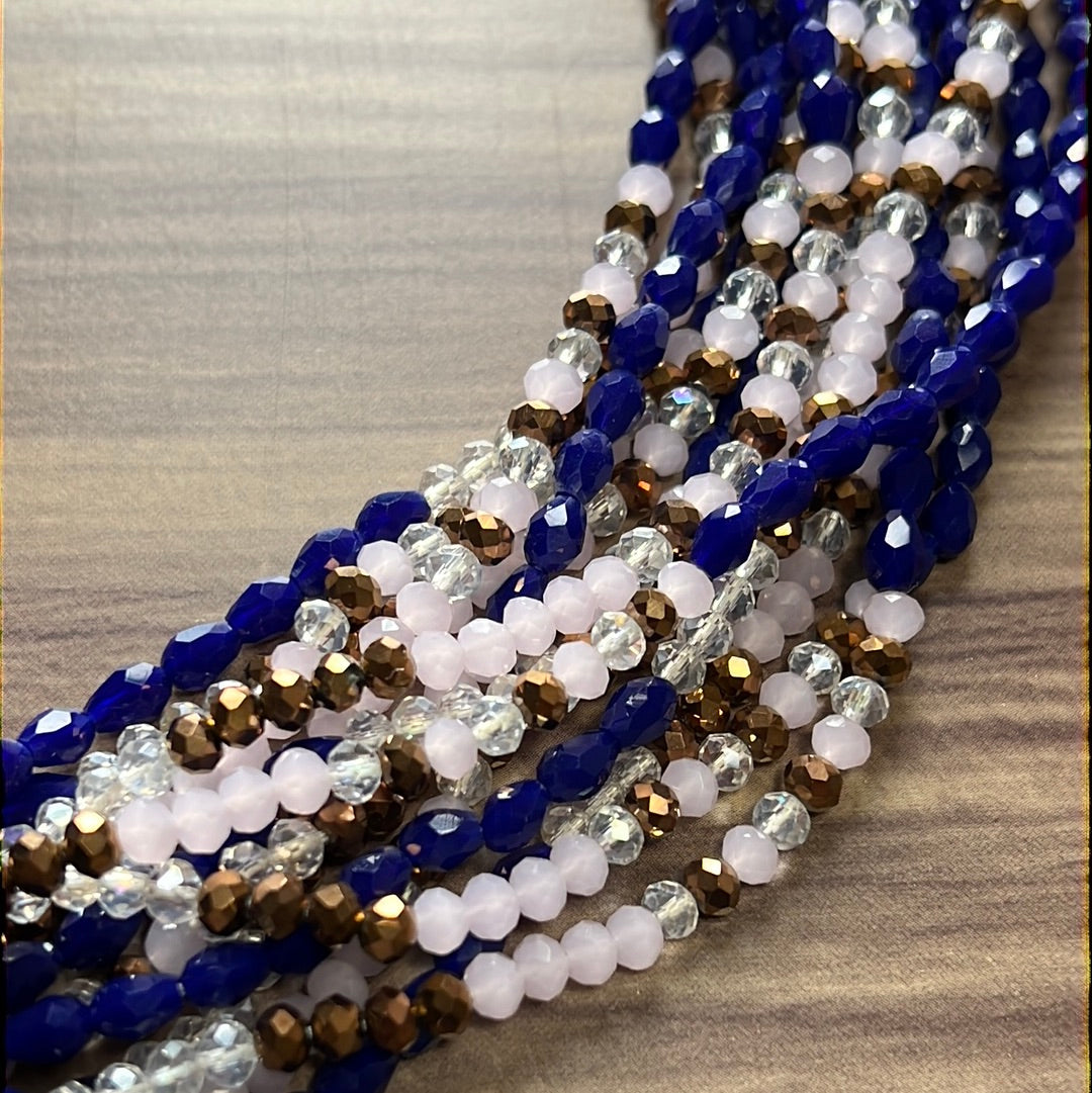 Rose quartz Crystal waist beads with blue & clear beads