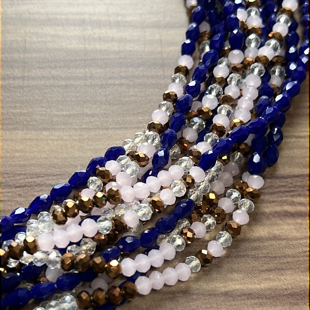Rose quartz Crystal waist beads with blue & clear beads
