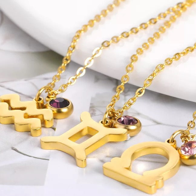 Zodiac sign necklace with birthstone - 18k Gold plated