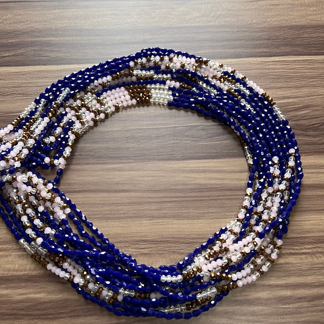 Rose quartz Crystal waist beads with blue & clear beads