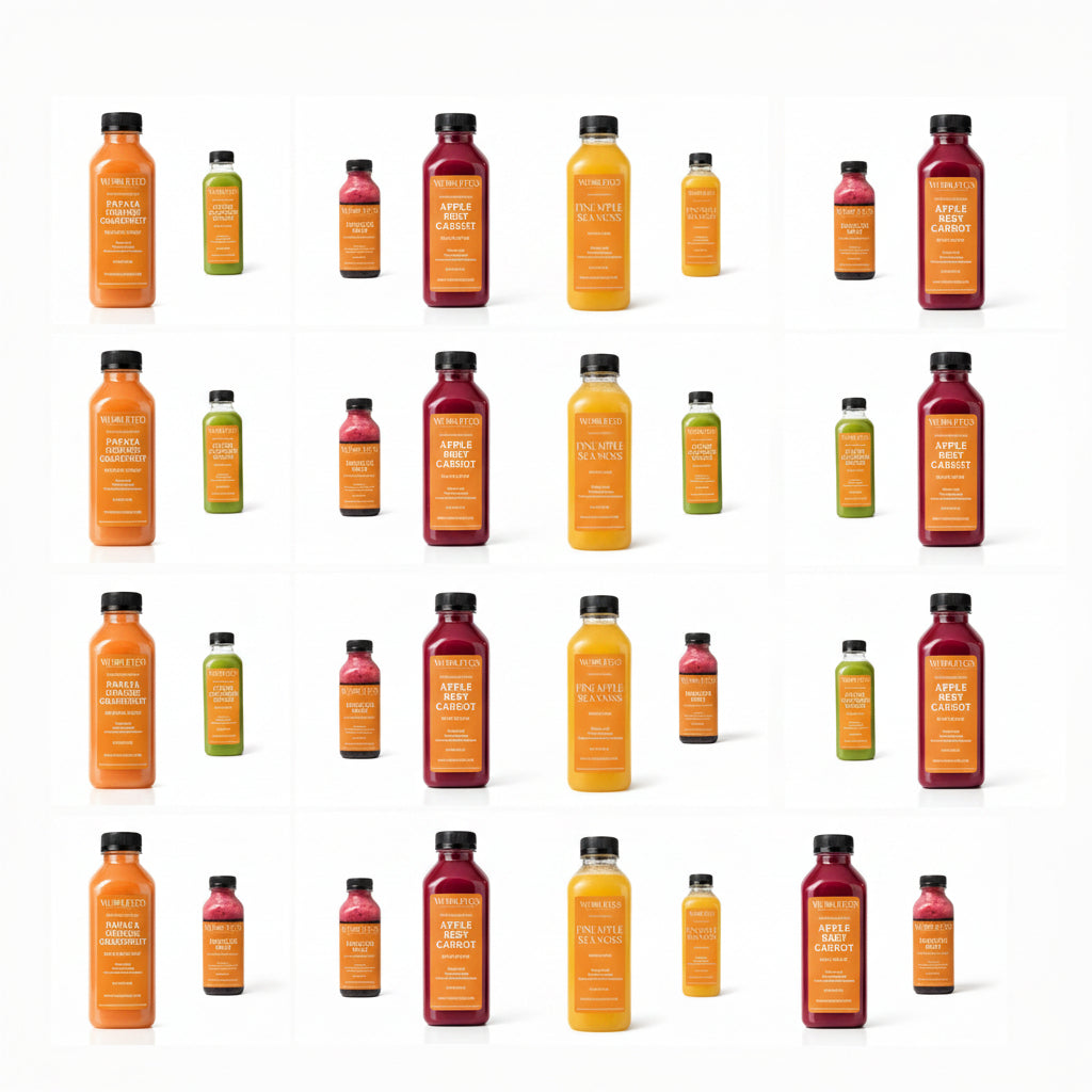 Collection of juice bottles from different brands on a white background