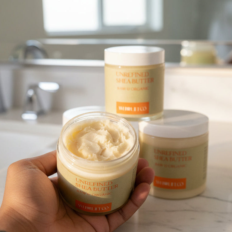 Three jars of unrefined shea butter on a wooden surface