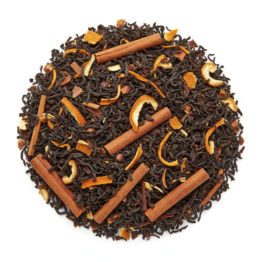  a tea blend with these ingredient  tea combines black tea, cinnamon, and orange peel to create a bold and comforting flavor profile. 