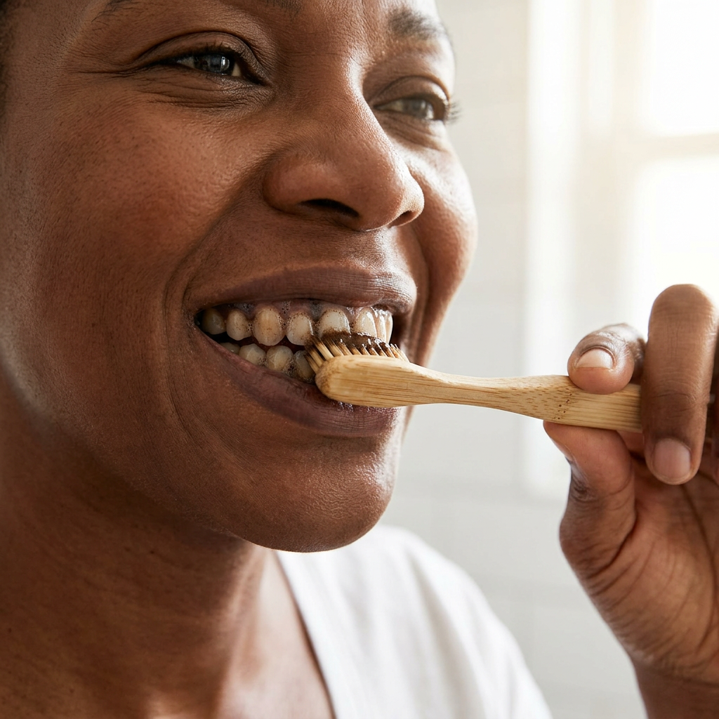 adult demonstrating brushing with herbal tooth powder 