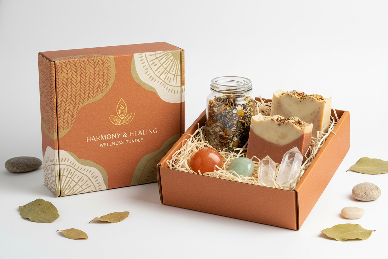 orange packaging for bundle and gift set holistic products with teas, soap, crystal