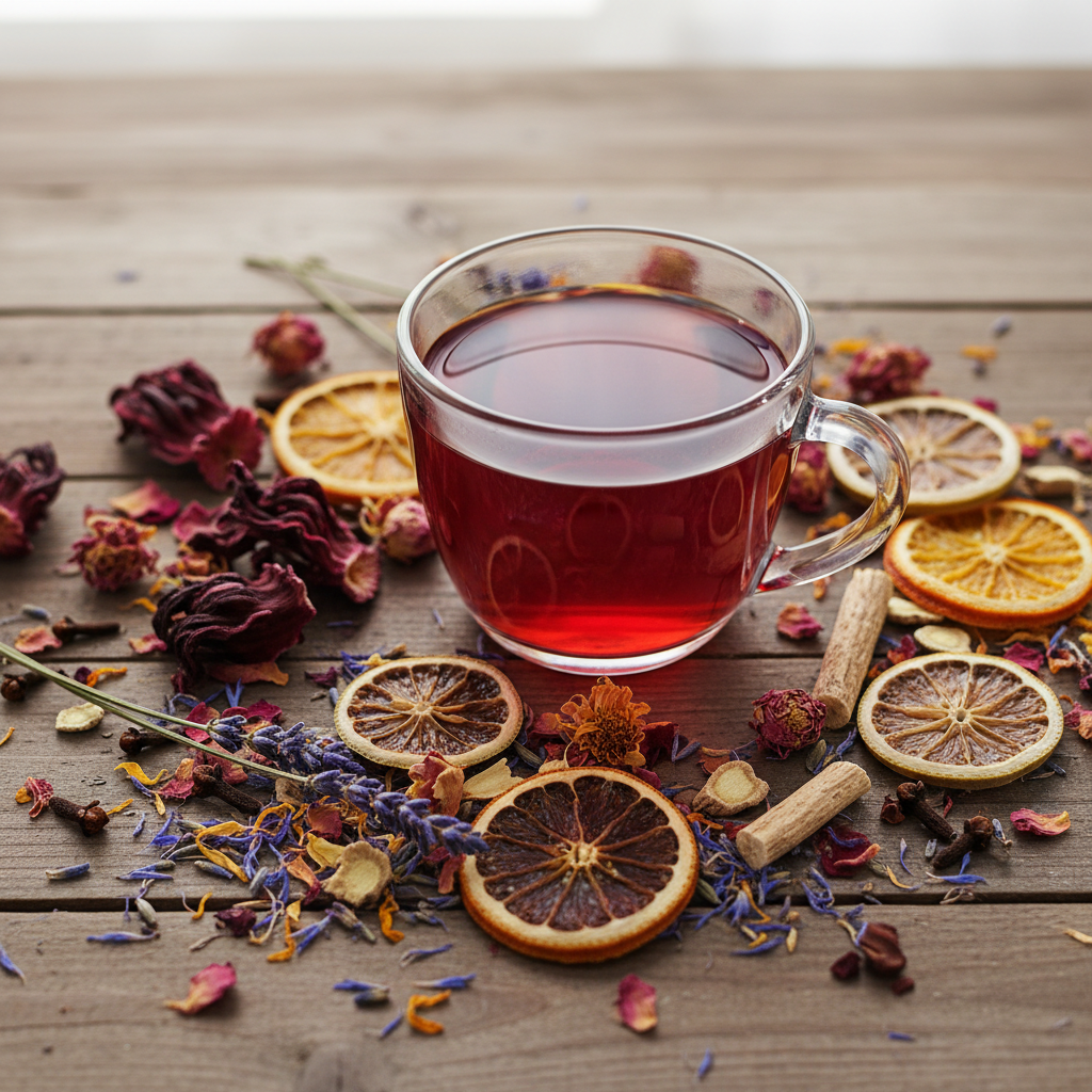 a tea blend brings the best of the citrus spectrum with floral and medicinal herbs in tow! This potpourri of colors and flavors brews a vibrant red cup and creates an a