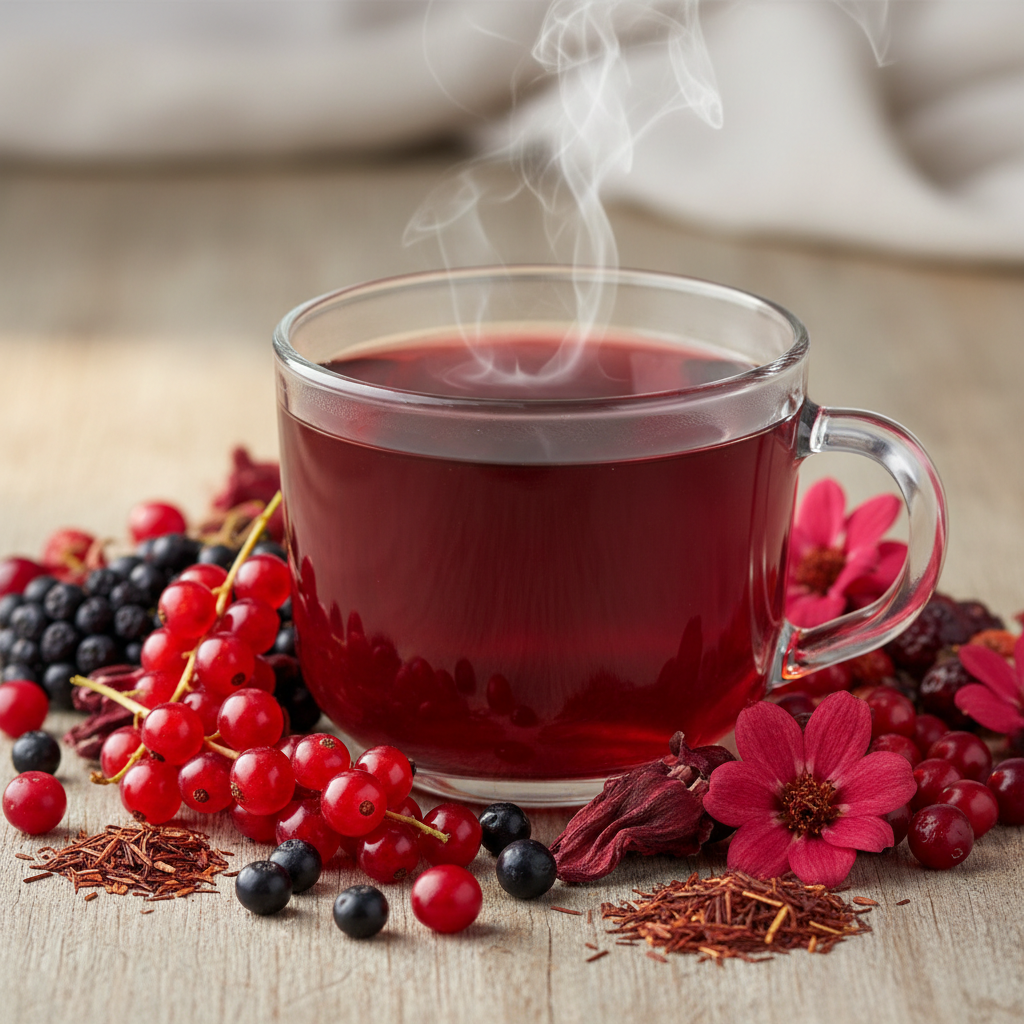 Bountiful berries are beautifully blended in this naturally nutritious herbal tea! Currants, elderberries, and cranberries come together in a medley of red fruits that provides spectacular sweetness while filling the cup with vitamins and minerals. Rosehips and hibiscus also add their unique flavors to the mix, bringing still more natural goodness. Coupled with red rooibos, this Crimson Berry herbal presents a deep red cup that is sweet and fragrant!