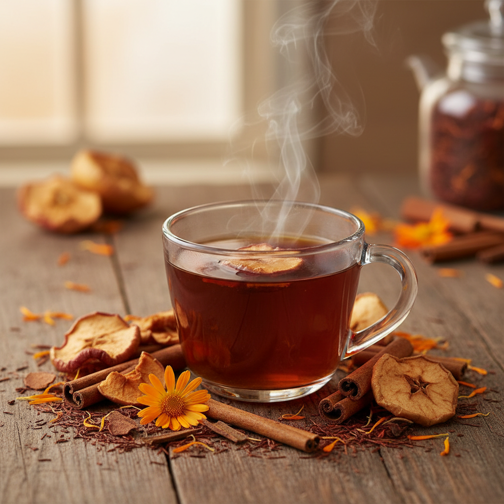 This mouth-watering tea fills the room with the smell of Mom's apple pie! Apple cinnamon tea starts with silky red rooibos, a tea high in antioxidants  Add pieces of real apple, calendula petals, and a dash of cinnamon to create a tea that is warming and festive. Naturally sweet and inviting, apple cinnamon herbal tea tastes too good to be good for you, but it is!