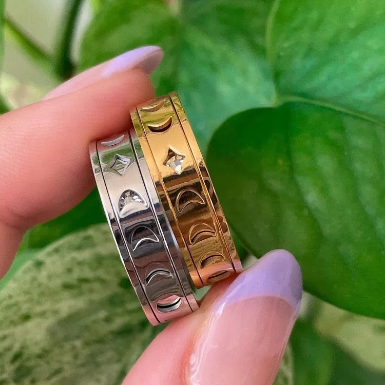 Anillo de oro y plata con fases lunares - Giratorio